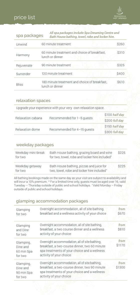 Peninsula Hot Springs catalogue in Rye VIC | Price List 2024 | 01/02/2024 - 31/12/2024