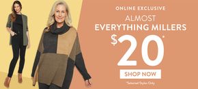 Fashion offers in Biloela QLD | Online Exclusive Almost Everything Millers Now $20 in Millers | 07/04/2024 - 07/05/2024