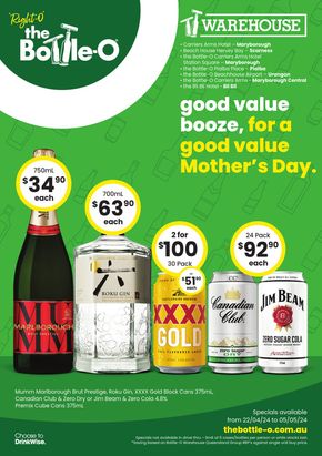 The Bottle-O catalogue in Mooloolah QLD | Good Value Booze, For A Good Value Mother’s Day QLD Warehouse 22/04 | 22/04/2024 - 05/05/2024