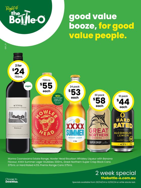 The Bottle-O catalogue in Toowoomba QLD | Good Value Booze, For Good Value People 29/04 | 29/04/2024 - 12/05/2024