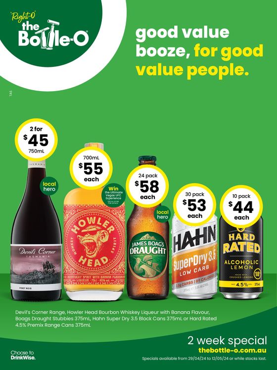 The Bottle-O catalogue in St Helens TAS | Good Value Booze, For Good Value People 29/04 | 29/04/2024 - 12/05/2024