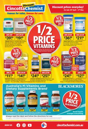 Cincotta Chemist catalogue in Wollongong NSW | ½ Price Vitamins | 30/04/2024 - 27/05/2024