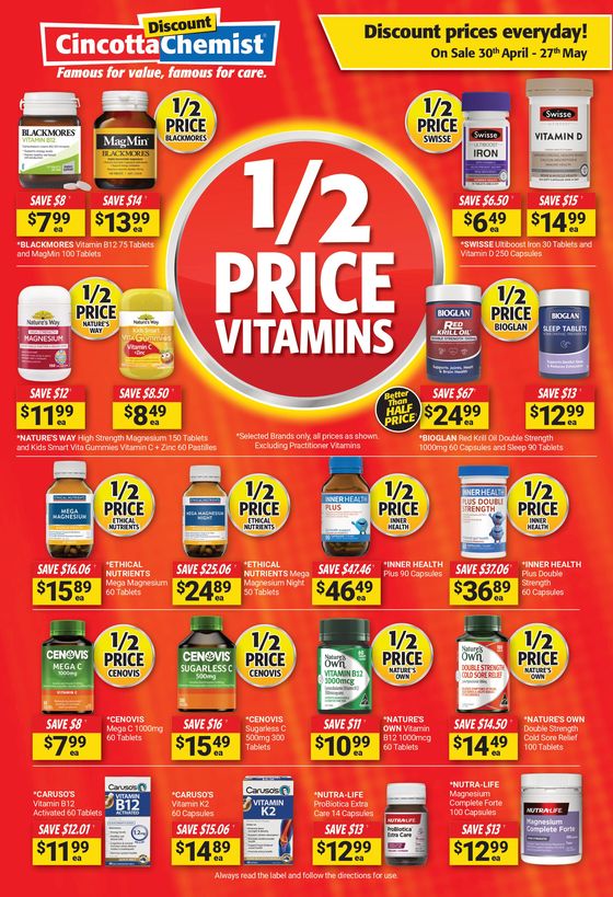 Cincotta Chemist catalogue in O'Connor ACT | ½ Price Vitamins Extra | 30/04/2024 - 27/05/2024