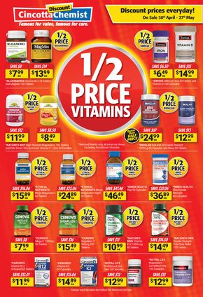 Health & Beauty offers in Bundeena NSW | ½ Price Vitamins Extra in Cincotta Chemist | 30/04/2024 - 27/05/2024