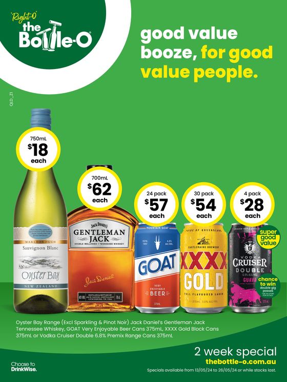The Bottle-O catalogue in Toowoomba QLD | Good Value Booze, For Good Value People 13/05 | 13/05/2024 - 26/05/2024