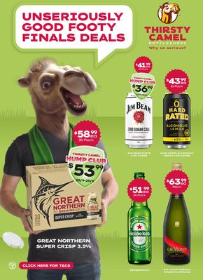 Liquor offers in Orchard Hills NSW | Unseriously Good Footy Final Deals in Thirsty Camel | 16/09/2024 - 29/09/2024