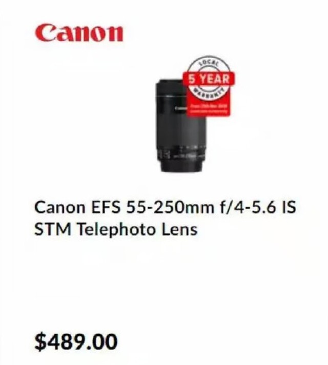 Canon EFS 55-250mm F/4-5.6 IS STM Telephoto Lens offers at $489 in Camera House