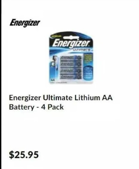 Energizer Ultimate Lithium AA Battery - 4 Pack offers at $25.95 in Camera House