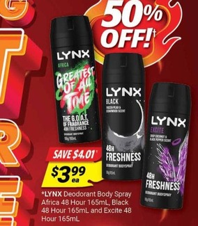 Deodorant Body Spray Africa 48 Hour 165ml, Black 48 Hour 165ml And Excite 48 Hour 165ml offers at $3.99 in Cincotta Chemist