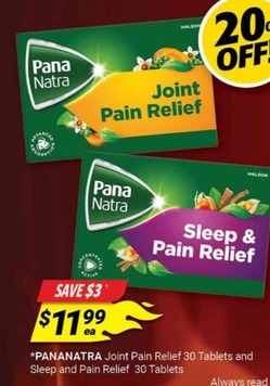 Pananatra Joint Pain Relief 30 Tablets And Sleep And Pain Relief 30 Tablets offers at $11.99 in Cincotta Chemist