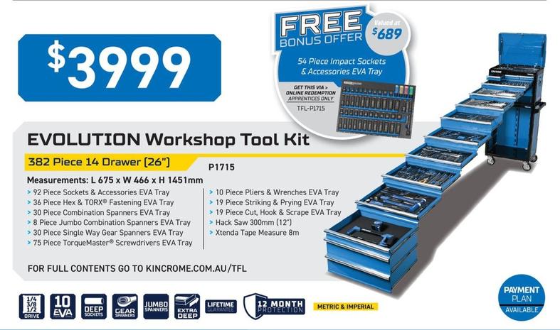Evolution Workshop Tool Kit offers at $3999 in Kincrome