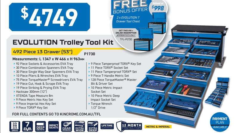 Kincrome - Evolution Trolley Tool Kit 492 Piece 13 Drawer offers at $4749 in Kincrome