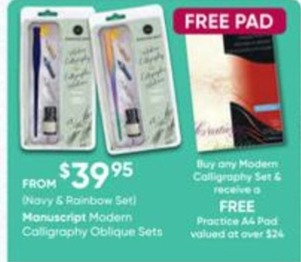 Manuscript Modern Calligraphy Oblique Sets offers at $39.95 in Eckersley's Art & Craft