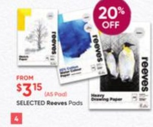 Selected Reeves Pads offers at $3.15 in Eckersley's Art & Craft