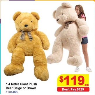 1.4 Metre Giant Plush Bear Beige Or Brown offers at $119 in Mr Toys Toyworld