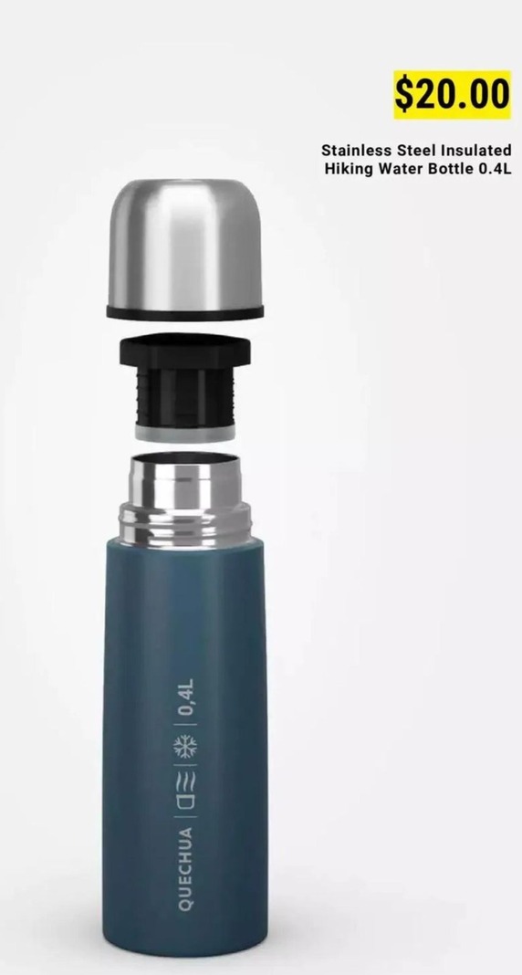 Stainless Steel Insulated Hiking Water Bottle 0.4l offers at $20 in Decathlon