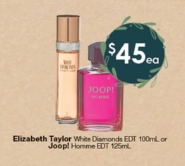Elizabeth Taylor White Diamonds Edt 100ml Or Joop! Homme Edt 125ml offers at $45 in Soul Pattinson Chemist