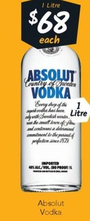 Absolut Vodka offers at $68 in Cellarbrations