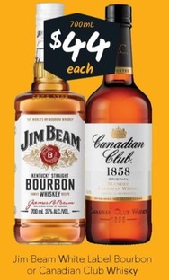 Jim Beam White Label Bourbon Or Canadian Club Whisky offers at $44 in Cellarbrations