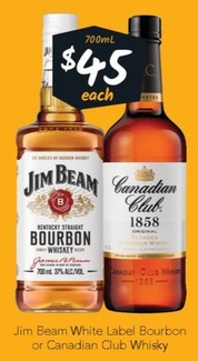 Jim Beam White Label Bourbon Or Canadian Club Whisky offers at $45 in Cellarbrations