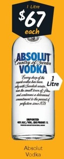 Absolut Vodka offers at $67 in Cellarbrations