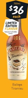 Baileys Tiramisu offers at $36 in Cellarbrations