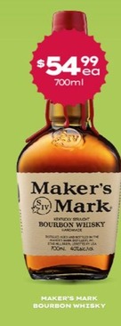Maker’s Mark Bourbon Whiksy offers at $54.99 in Thirsty Camel