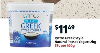 Lyttos Greek Style Natural Potset Yogurt 2kg offers at $11.49 in ALDI