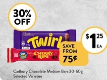 Cadbury Chocolate Medium Bars 30-60g Selected Varieties offers at $1.25 in Foodworks