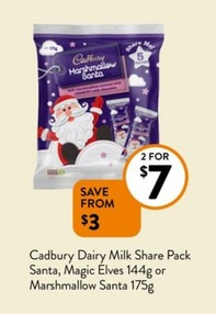 Cadbury Dairy Milk Share Pack Santa, Magic Elves 144g Or Marshmallow Santa 175g offers at $7 in Foodworks