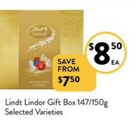 Lindt Lindor Gift Box 147/150g Selected Varieties offers at $8.5 in Foodworks