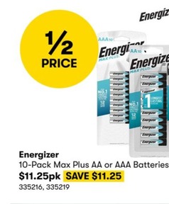 Energizer 10-Pack Max Plus AA or AAA Batteries offers at $11.25 in BIG W