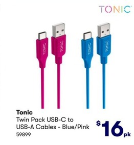 Tonic Twin Pack USB-C to USB-A Cables - Blue/Pink  offers at $16 in BIG W