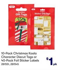 10-Pack Christmas Koala Character Diecut Tags or 40-Pack Foil Sticker Labels offers at $1 in BIG W