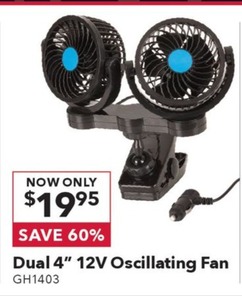 Dual 4" 12v Oscillating Fan offers at $19.95 in Jaycar Electronics