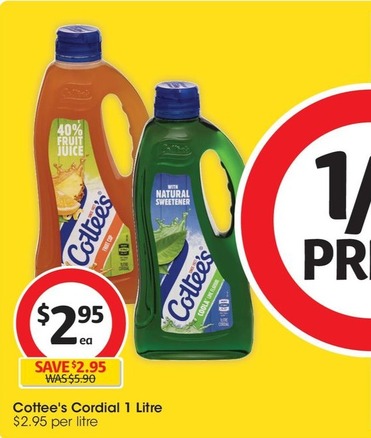Cottee's Cordial 1 Litre offers at $2.95 in Coles
