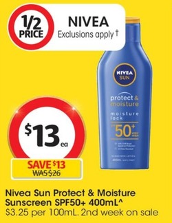 Nivea Sun Protect & Moisture Sunscreen Spf50+ 400ml offers at $13 in Coles