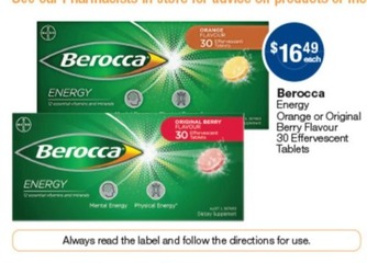 Energy Orange Or Original Berry Flavour 30 Effervescent Tablets offers at $16.49 in Pharmacist Advice