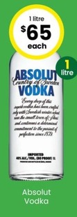 Absolut Vodka offers at $65 in The Bottle-O