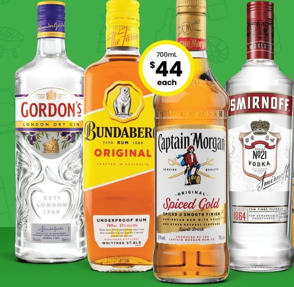 Gordon’s London Dry Gin, Bundaberg Up Rum, Captain Morgan Spiced Gold, Smirnoff Vodka Red Label offers at $44 in The Bottle-O