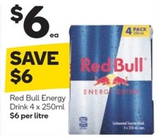 Red Bull Energy Drink 4 X 250ml offers at $6 in Woolworths