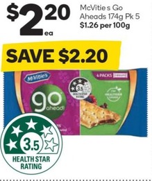 Mcvitie’s Go Aheads 174g Pk 5 offers at $2.2 in Woolworths