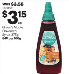 Green’s Maple Flavoured Syrup 375g offers at $3.15 in Woolworths