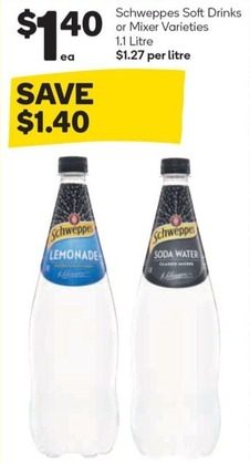 Schweppes Soft Drinks Or Mixer Varieties 1.1 Litre offers at $1.4 in Woolworths