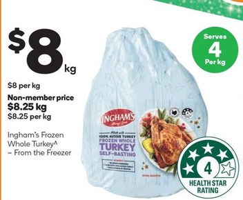 Ingham’s Frozen Whole Turkey offers at $8.25 in Woolworths