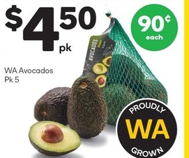Wa Avocados Pk 5  offers at $4.5 in Woolworths