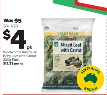 Woolworths Australian Baby Leaf With Carrot 300g Pack offers at $4 in Woolworths