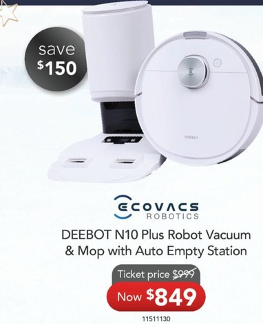 Ecovacs DEEBOT N10 Plus Robot Vacuum & Mop with Auto Empty Station offers at $849 in Godfreys