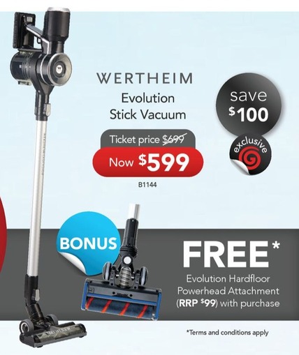 Wertheim Evolution Stick Vacuum  offers at $599 in Godfreys