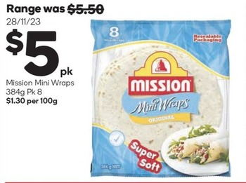Mission Mini Wraps 384g Pk 8 offers at $5 in Woolworths